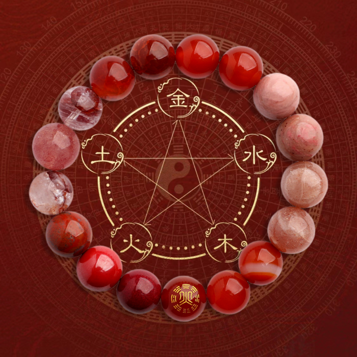 The five-element “fire-supplementing” crystal bracelet with red agate and cinnabar for balancing the fire element.