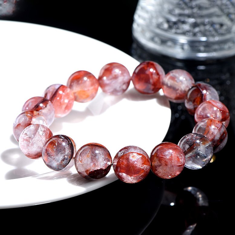 Natural blood phoenix flower agate round bead rainbow red crystal bracelet.