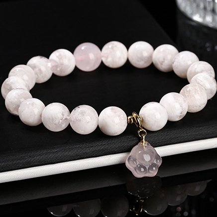Snowflake phantom crystal round bead bracelet with rose quartz cat claw accessories. - taoistcrystal.com Snowflake phantom crystal round bead bracelet with rose quartz cat claw accessories.