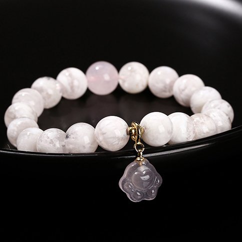 Snowflake phantom crystal round bead bracelet with rose quartz cat claw accessories. - taoistcrystal.com Snowflake phantom crystal round bead bracelet with rose quartz cat claw accessories.