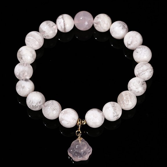 Snowflake phantom crystal round bead bracelet with rose quartz cat claw accessories. - taoistcrystal.com Snowflake phantom crystal round bead bracelet with rose quartz cat claw accessories.