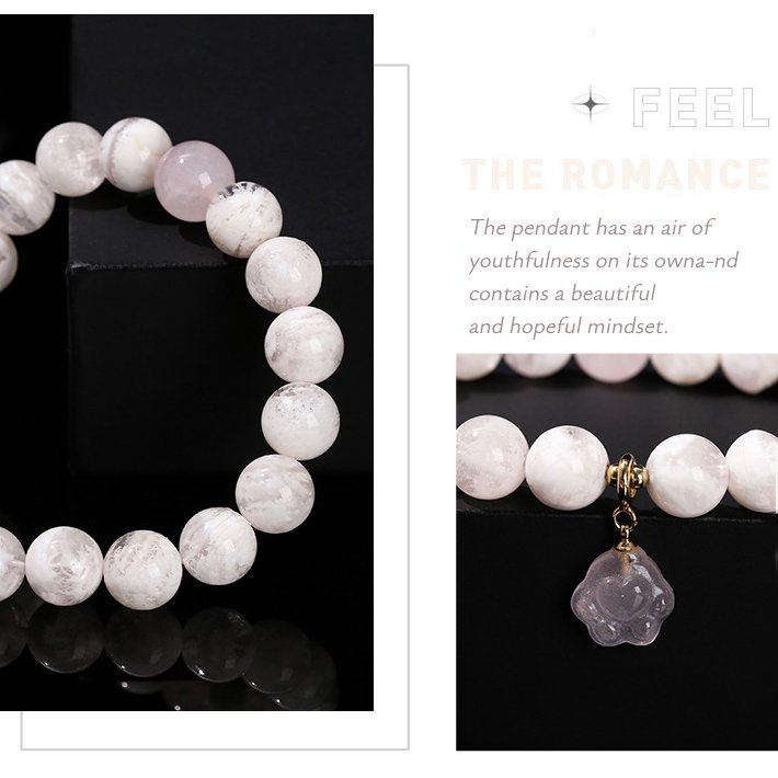 Snowflake phantom crystal round bead bracelet with rose quartz cat claw accessories. - taoistcrystal.com Snowflake phantom crystal round bead bracelet with rose quartz cat claw accessories.