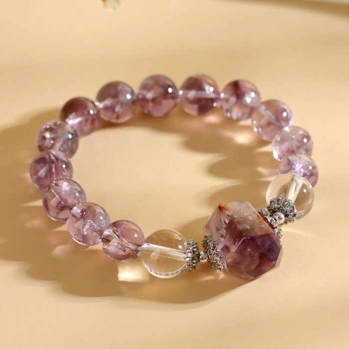 Natural amethyst Azeztulite crystal single-circle bracelet and hand string jewelry gift.