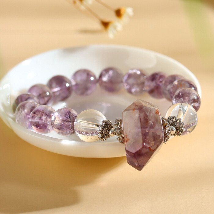 Natural amethyst Azeztulite crystal single-circle bracelet and hand string jewelry gift.