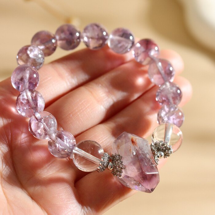Natural amethyst Azeztulite crystal single-circle bracelet and hand string jewelry gift.