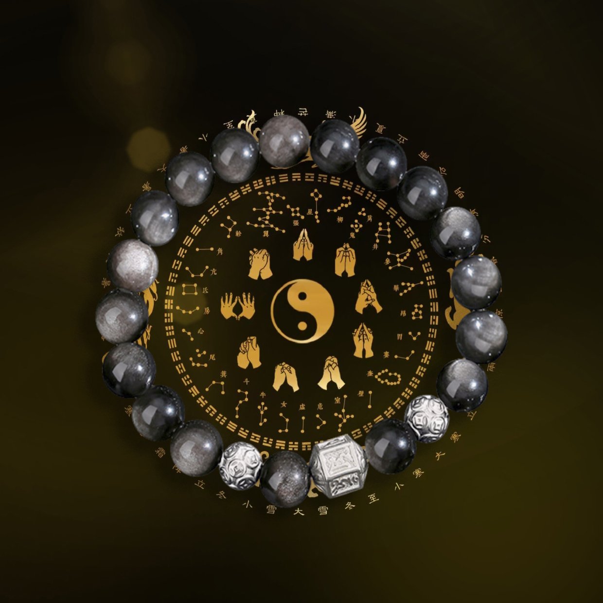 Men’s Obsidian Bracelet with the Six-character Mantra for the Year of One’s Zodiac