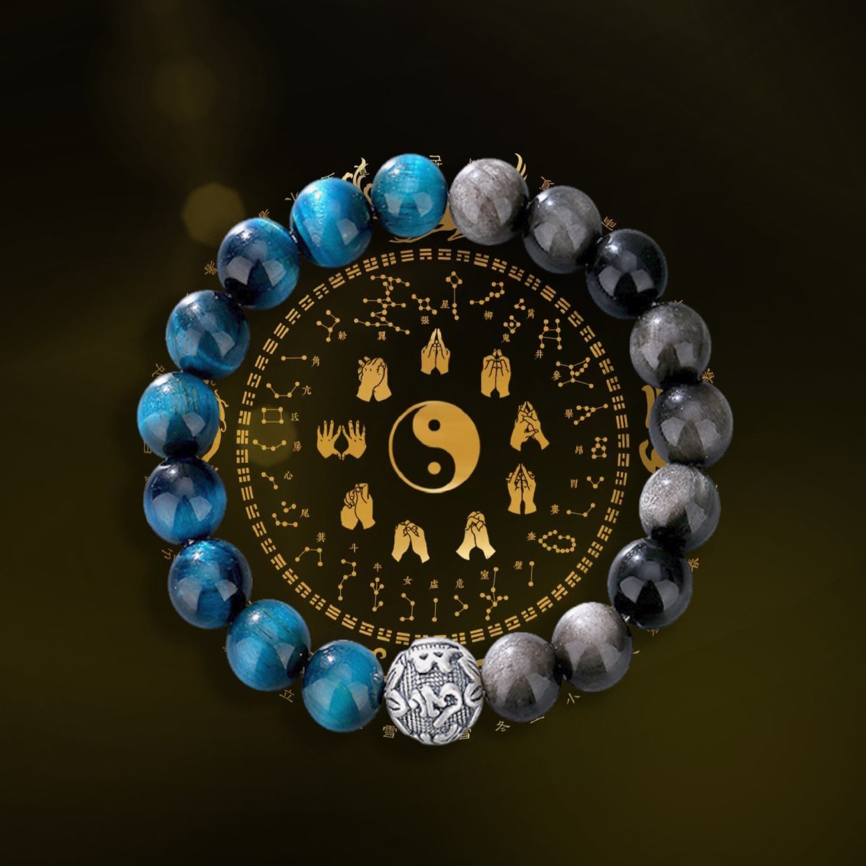 Men’s High-end Hand Accessories Made of Natural Obsidian and Sterling Silver, with the Six-character Mantra Beads