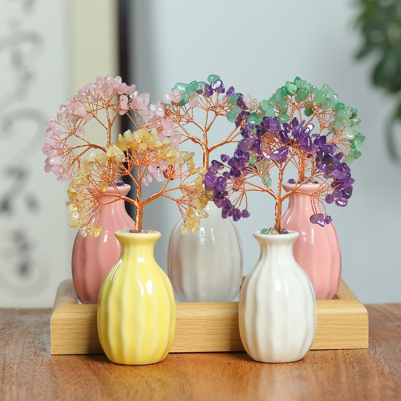 Purple – Yellow – Pink Crystal Money – Attracting Potted Tree Decoration for Meditation and Spiritual Practice – Absorb negative energy and purify the environment