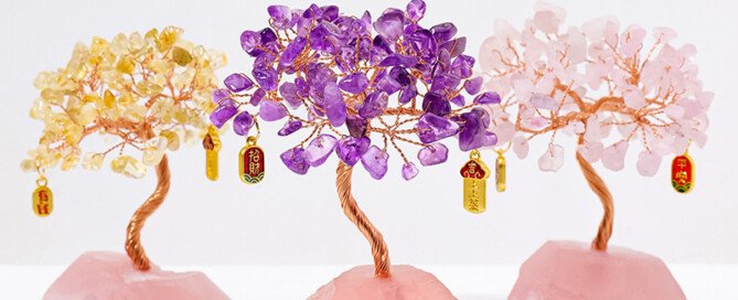Natural Amethyst and Yellow Crystal Life Tree with Raw Rose Quartz Base – Aid in career advancement