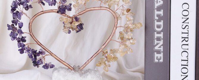 Heart – shaped Crystal Tree with White Crystal Cluster Base, also known as the Unity Tree and Wish – making Tree – Helps enhance your personal charm and charisma