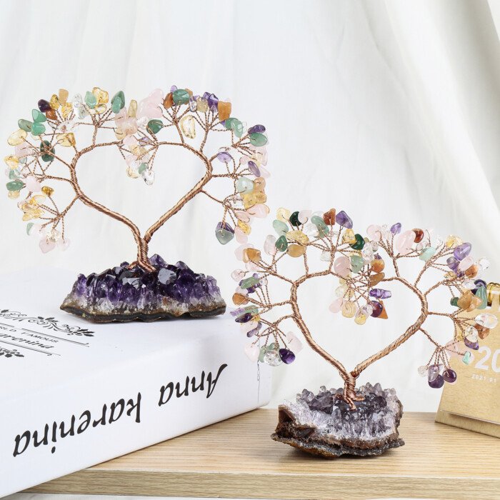 Heart – shaped Crystal Unity Tree and Wish – making Tree with Amethyst Raw Ore Base – Exude a thick and gentle atmosphere of love