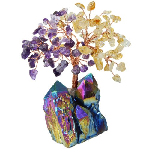 Crystal Life Tree with Electro – plated Colorful Raw Ore Crystal Cluster Base – Bring the blessing of a peaceful and stable state of mind