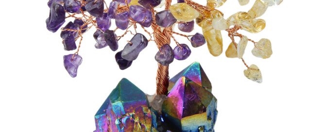 Crystal Life Tree with Electro – plated Colorful Raw Ore Crystal Cluster Base – Bring the blessing of a peaceful and stable state of mind