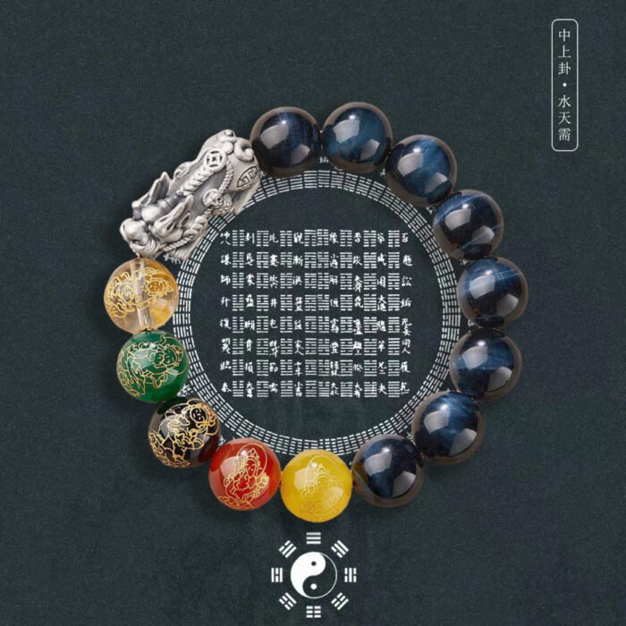Natural tiger’s eye stone Five-way Wealth God silver pixiu bracelet.