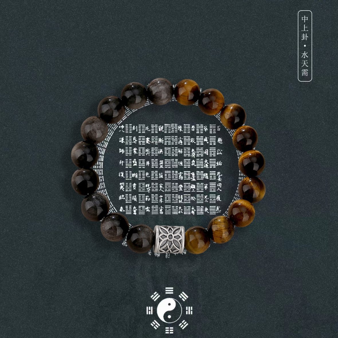 Men’s bracelet Made of Natural Sterling Silver, Obsidian, “Road to Wealth” and Tiger’s Eye Stone