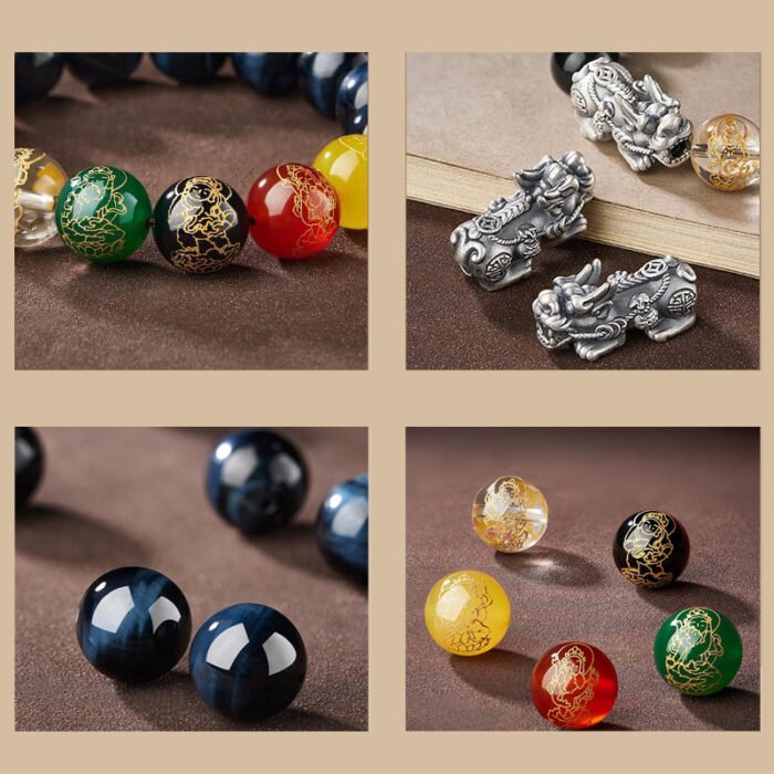 Natural tiger’s eye stone Five-way Wealth God silver pixiu bracelet.