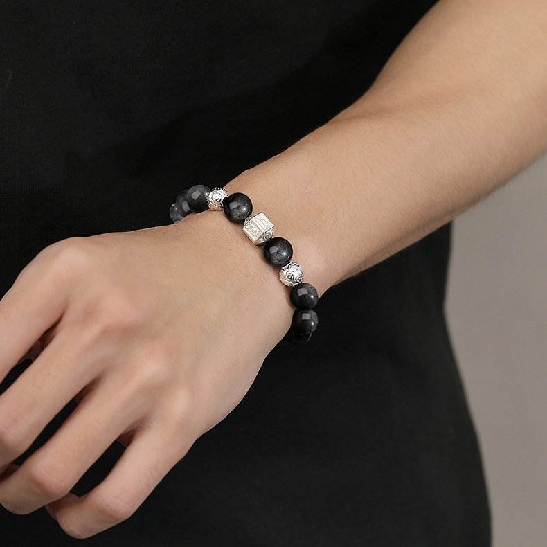 Men’s Obsidian Bracelet with the Six-character Mantra for the Year of One’s Zodiac - taoistcrystal.com Men’s Obsidian Bracelet with the Six-character Mantra for the Year of One’s Zodiac