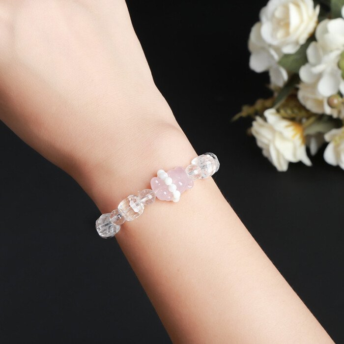 White Crystal Sugar Cube, Pink Quartz, Teddy Bear Bracelet