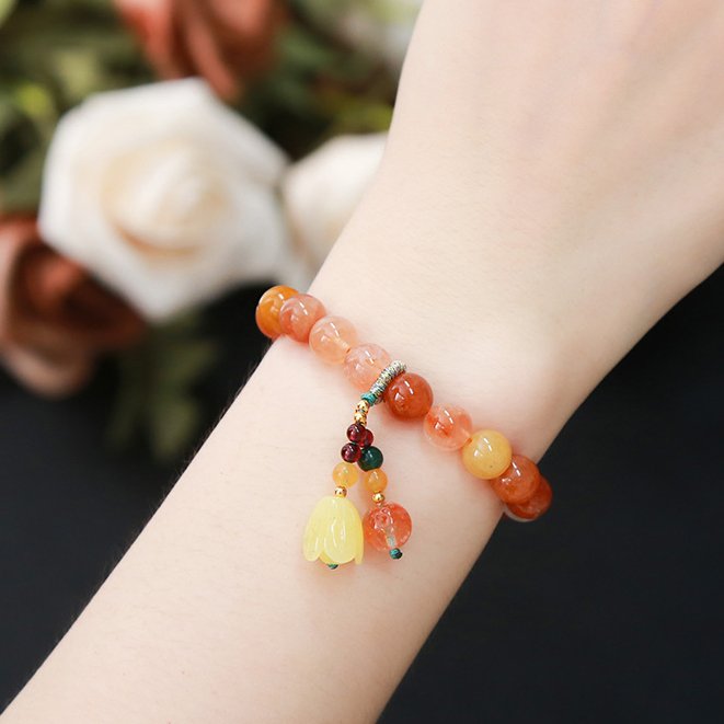 Natural Fluorite, Rhodochrosite and Green Aventurine amber tulip bracelet. - taoistcrystal.com Natural Fluorite, Rhodochrosite and Green Aventurine amber tulip bracelet.