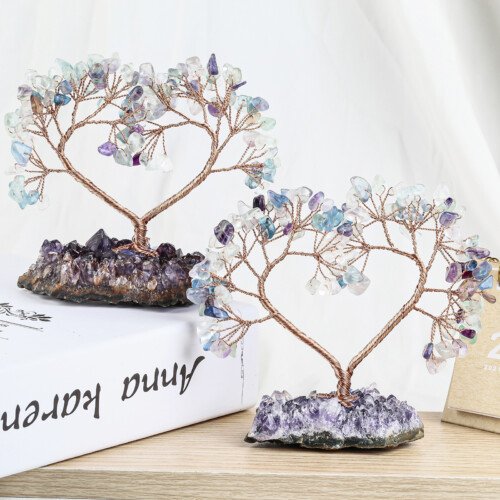 Heart – shaped Crystal Unity Tree and Wish – making Tree with Amethyst Raw Ore Base – Exude a thick and gentle atmosphere of love