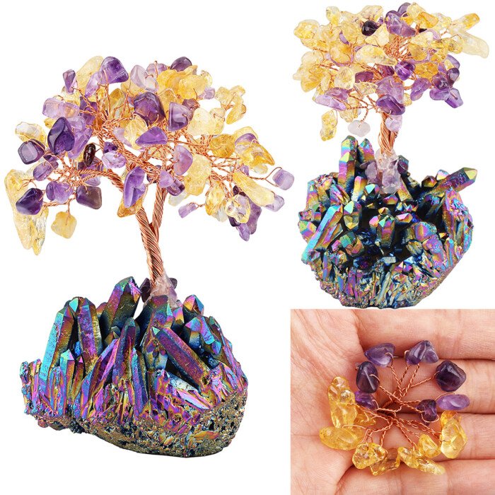 Crystal Life Tree with Electro – plated Colorful Raw Ore Crystal Cluster Base – Bring the blessing of a peaceful and stable state of mind