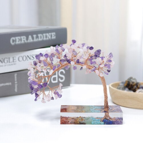 Seven-color crystal large curved cedar pine tree crystal tree of wealth tree of life resin base