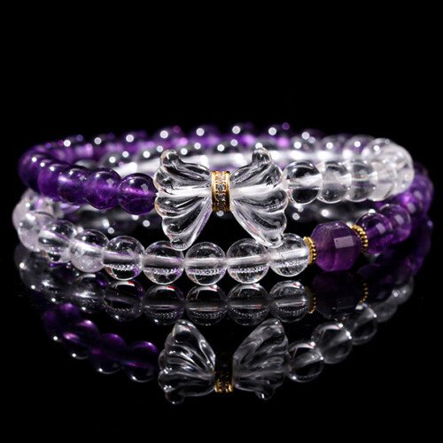 Natural amethyst and white crystal double-circle bracelet with bowknot.