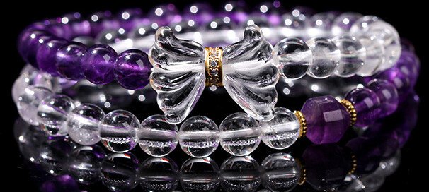 Natural amethyst and white crystal double-circle bracelet with bowknot.