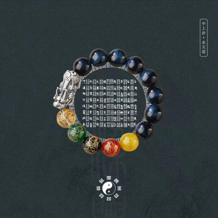 Natural tiger’s eye stone Five-way Wealth God silver pixiu bracelet.