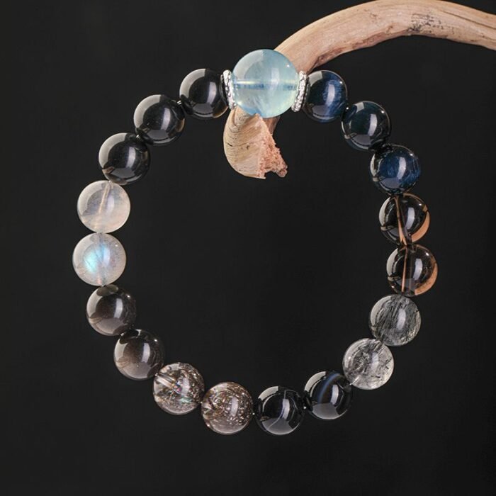 Multi – gemstone bracelets made of natural crystals and obsidian for balancing the five elements, replenishing water for those who lack water element among the five elements and have an affinity for water element.