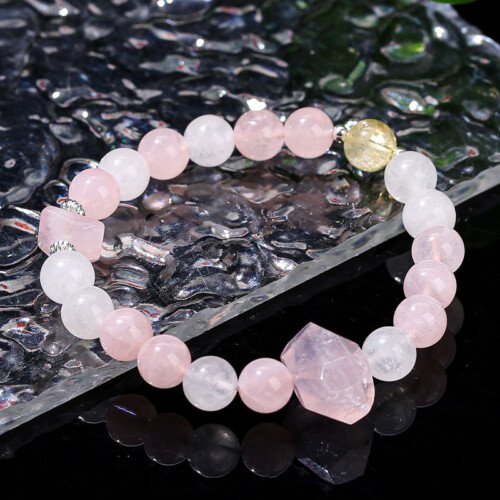 Natural White Jade and Pink Quartz Free – Form Bead Bracelet