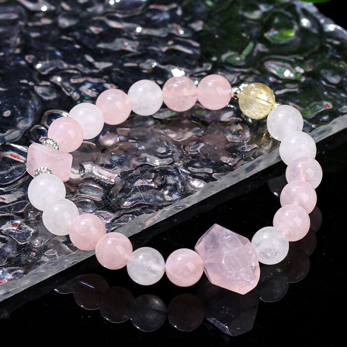 Natural White Jade and Pink Quartz Free – Form Bead Bracelet