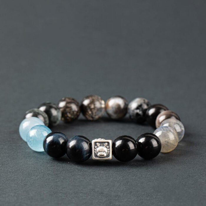 The twelve Chinese zodiac bracelets made of natural crystals such as obsidian and aquamarine that can supplement the element of water in the five elements theory.