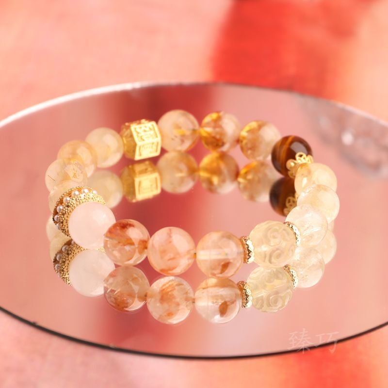 Natural Golden Rutilated Quartz and Citrine Bracelet