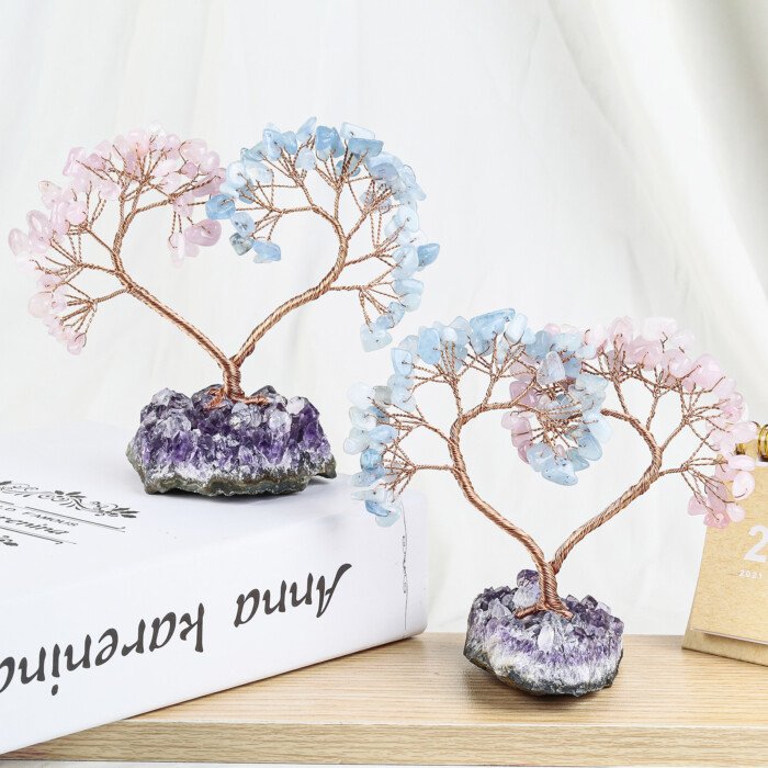 Heart – shaped Crystal Unity Tree and Wish – making Tree with Amethyst Raw Ore Base – Exude a thick and gentle atmosphere of love