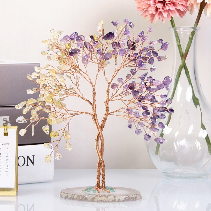 Creative Energy Crystal Unity Tree with Agate Slice Base – Infuse a romantic and soft glow into life