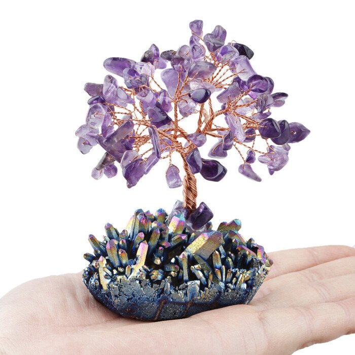 Crystal Life Tree with Electro – plated Colorful Raw Ore Crystal Cluster Base – Bring the blessing of a peaceful and stable state of mind