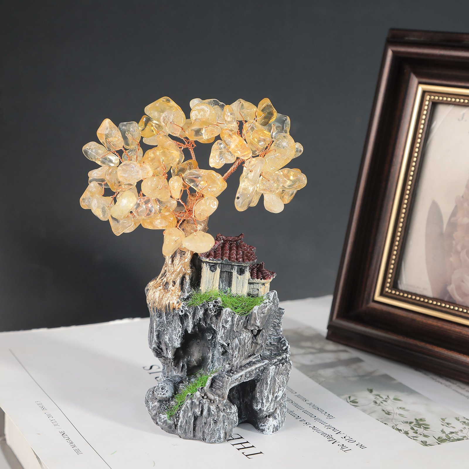 Creative amethyst yellow crystal fortune tree resin small house landscape ornaments - taoistcrystal.com Creative amethyst yellow crystal fortune tree resin small house landscape ornaments