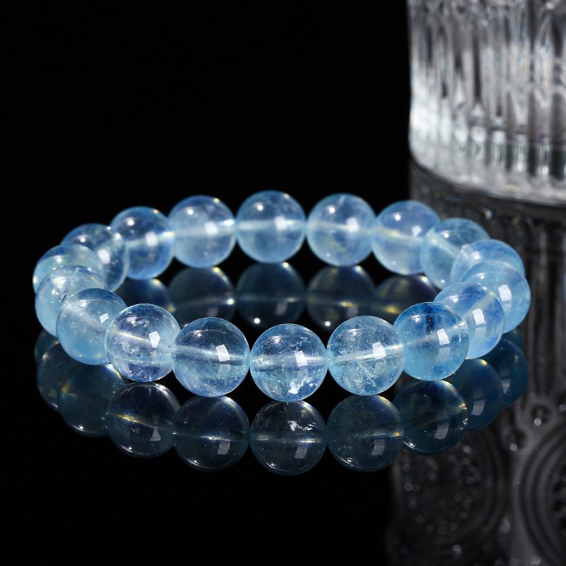 Natural Translucent Aquamarine Simple-style Crystal Round Bead Bracelet