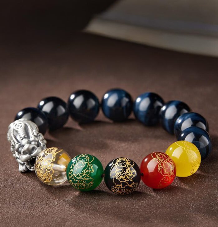 Natural tiger’s eye stone Five-way Wealth God silver pixiu bracelet.