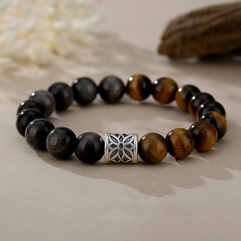 Men’s bracelet Made of Natural Sterling Silver, Obsidian, “Road to Wealth” and Tiger’s Eye Stone