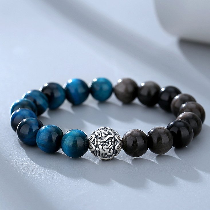 Men’s High-end Hand Accessories Made of Natural Obsidian and Sterling Silver, with the Six-character Mantra Beads