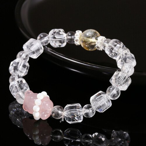 White Crystal Sugar Cube, Pink Quartz, Teddy Bear Bracelet