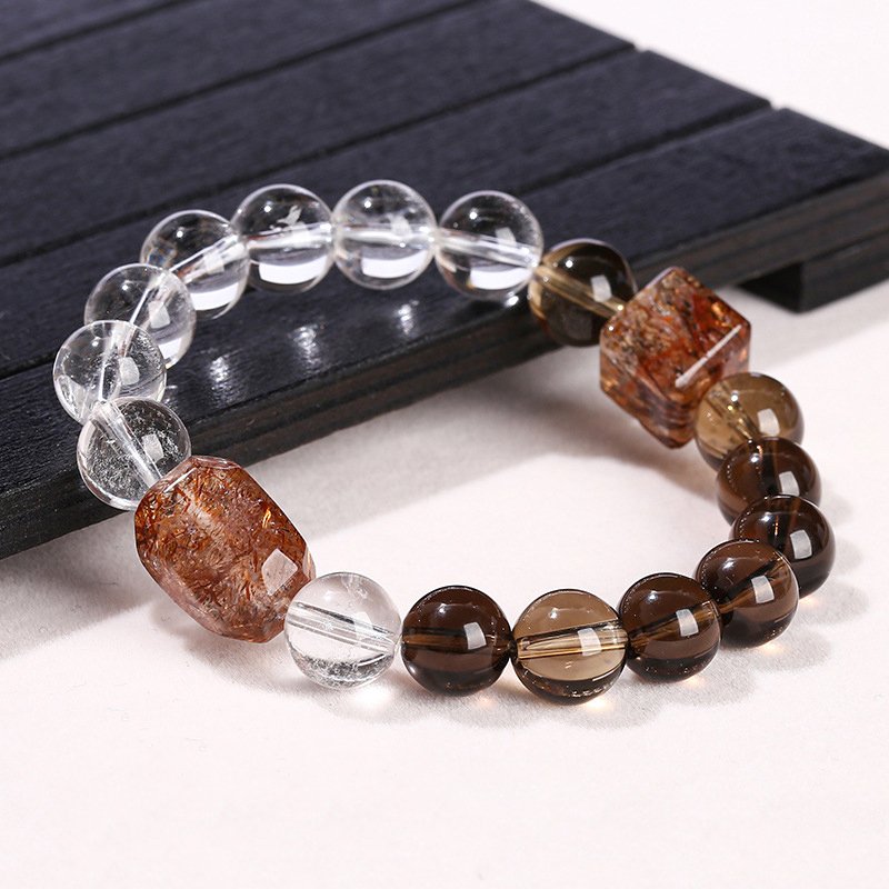 Natural Smoky Quartz, White Crystal, Black Gold Super Seven Freeform Bead Bracelet