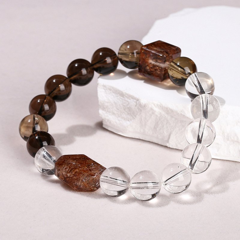 Natural Smoky Quartz, White Crystal, Black Gold Super Seven Freeform Bead Bracelet - taoistcrystal.com Natural Smoky Quartz, White Crystal, Black Gold Super Seven Freeform Bead Bracelet