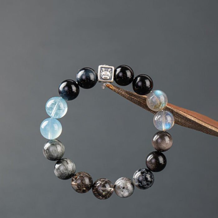 The twelve Chinese zodiac bracelets made of natural crystals such as obsidian and aquamarine that can supplement the element of water in the five elements theory.