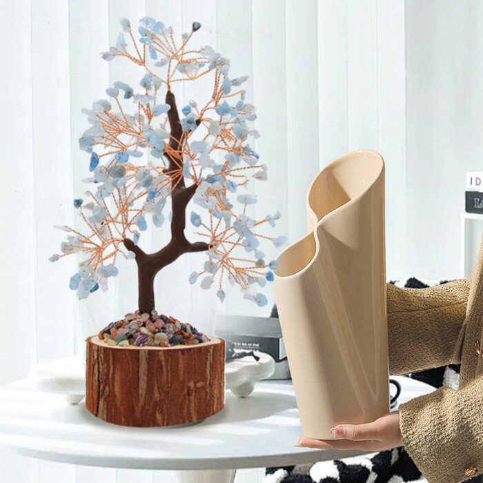 Natural Multicolored Crystal Life Tree with Log Base – Bring stable wealth fortune
