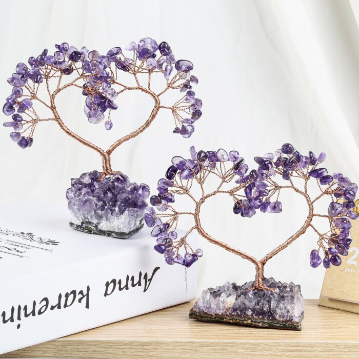Heart – shaped Crystal Unity Tree and Wish – making Tree with Amethyst Raw Ore Base – Exude a thick and gentle atmosphere of love