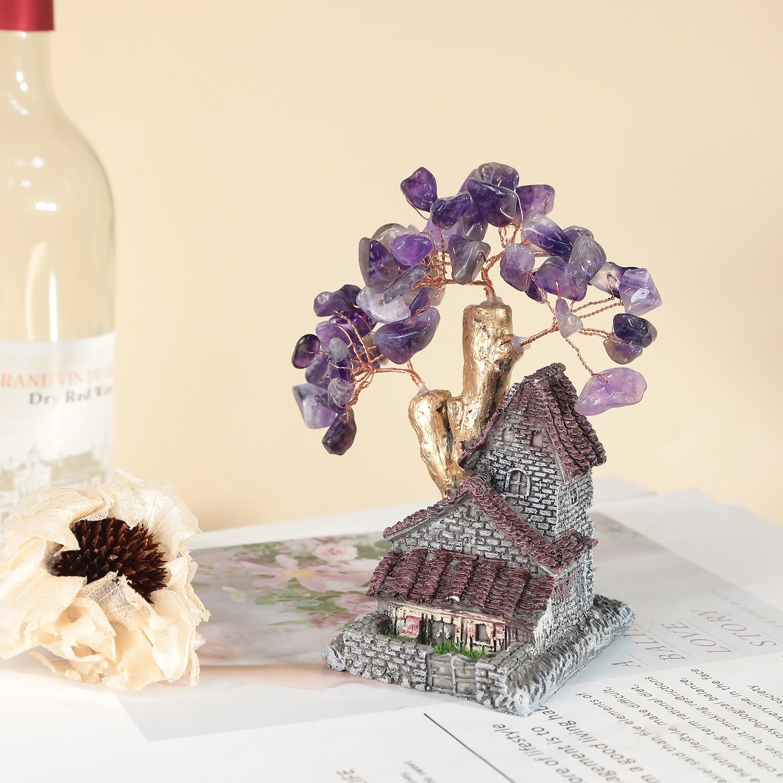 Creative amethyst yellow crystal fortune tree resin small house landscape ornaments - taoistcrystal.com Creative amethyst yellow crystal fortune tree resin small house landscape ornaments