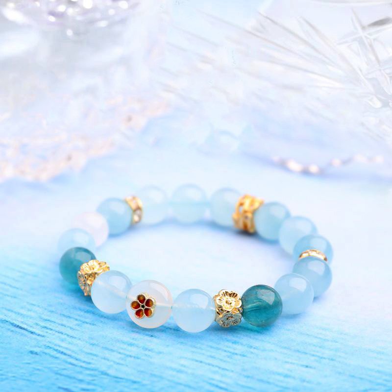 Aquamarine and white phantom quartz crystal bracelet with the design of “Four-sided Fortune Flower” - taoistcrystal.com Aquamarine and white phantom quartz crystal bracelet with the design of “Four-sided Fortune Flower”